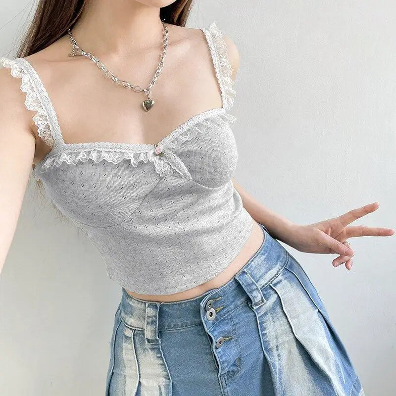 Chic crop top with lace trimming and square neckline in coquette aesthetic