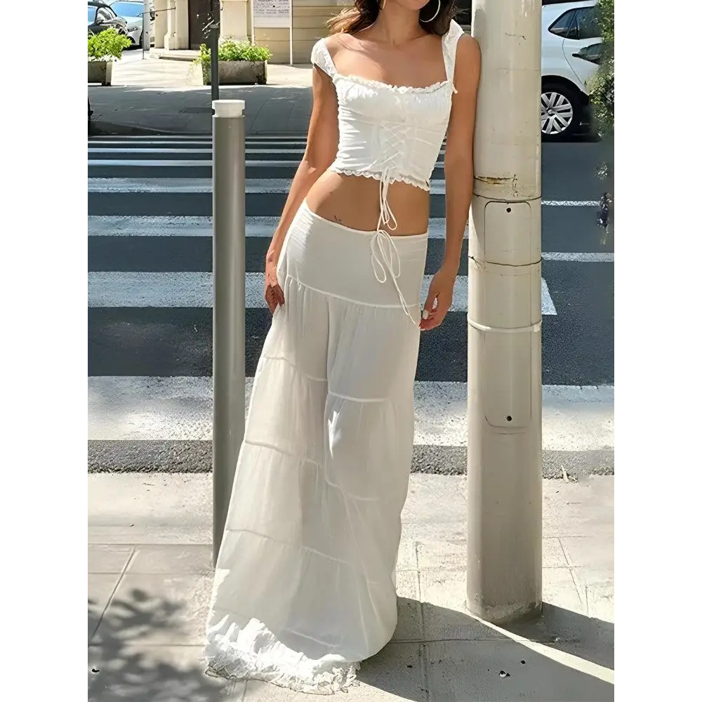 Lace-up crop top and flowing maxi skirt for y2k style - two piece sets