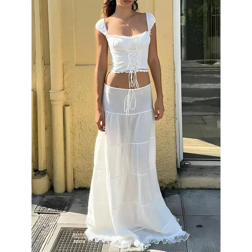 Lace-up crop top and flowing maxi skirt for y2k style - two piece sets