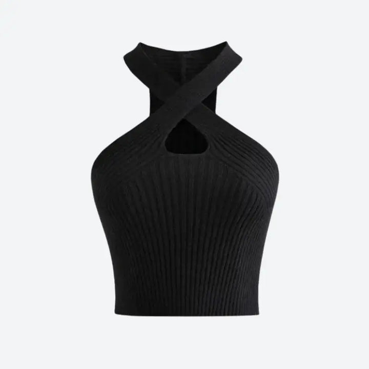 Sleek halter neck knit top for y2k-inspired winter style - crop