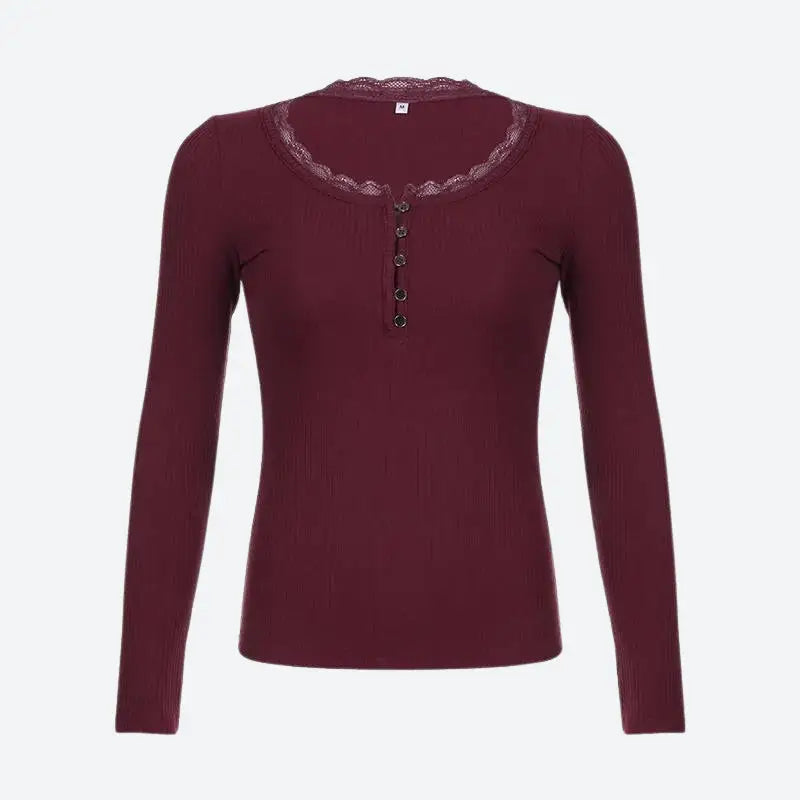 Corduroy top with lace trim and button details for cozy comfort