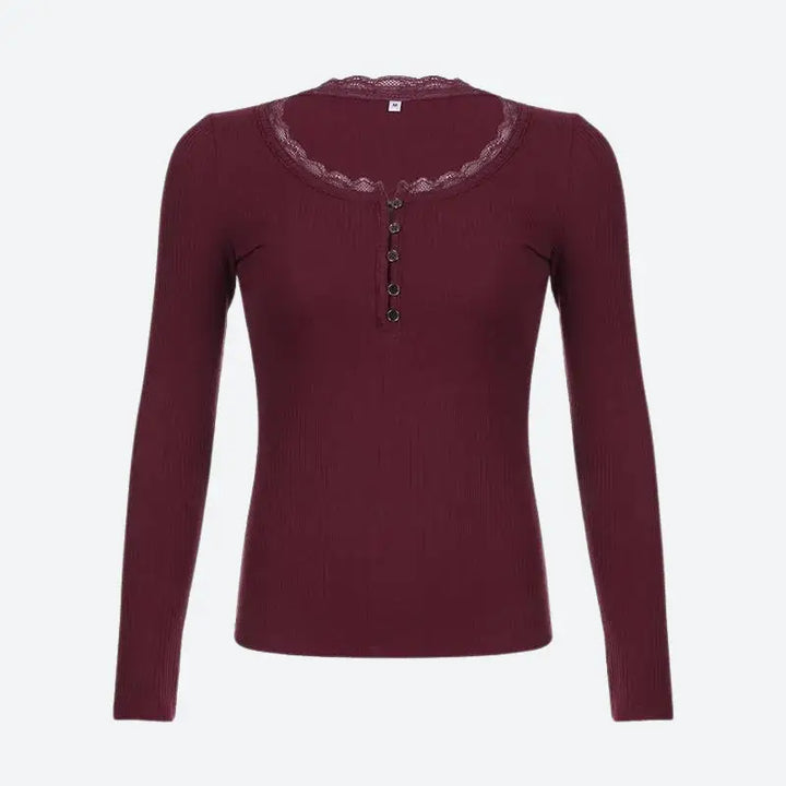 Corduroy top with lace trim and button details for cozy comfort