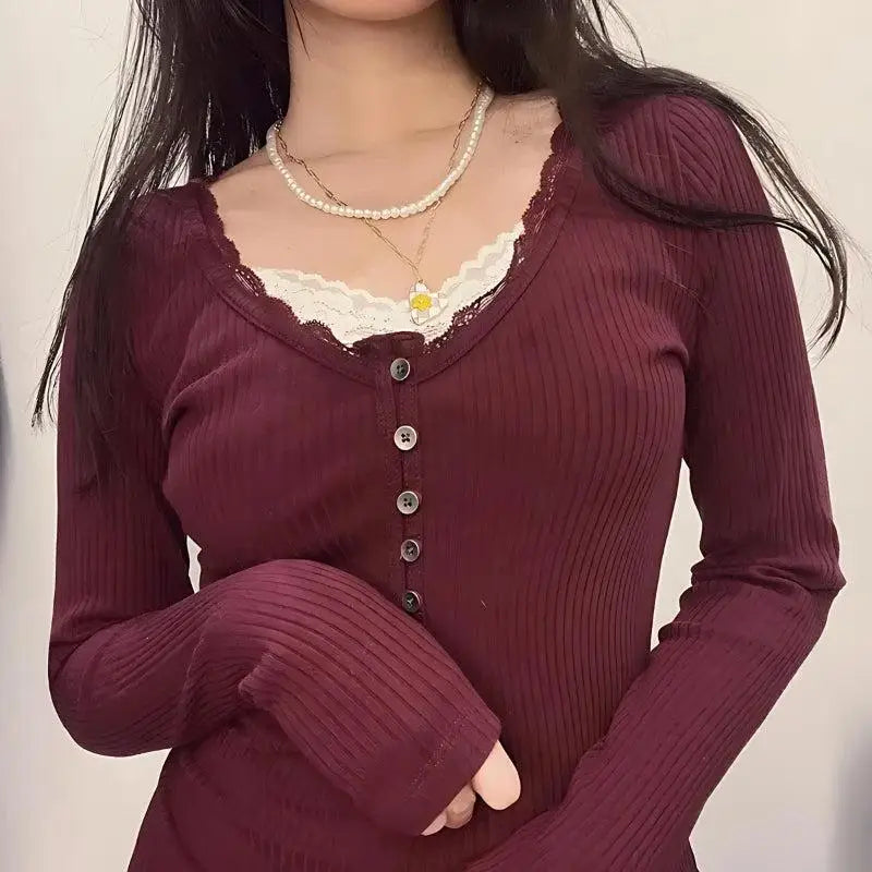 Corduroy top with lace trim and button details for cozy comfort