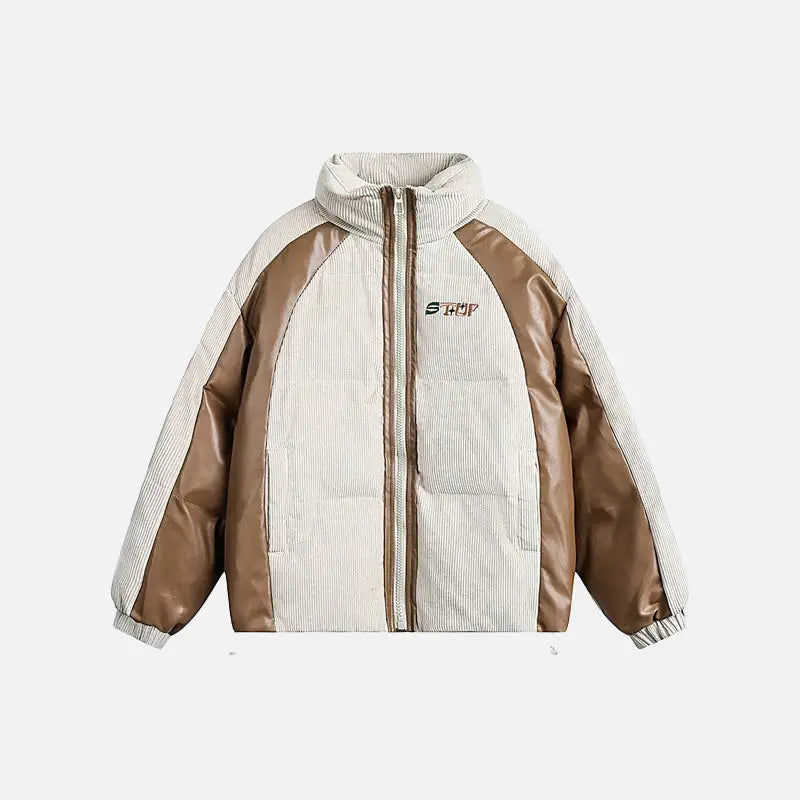 Corduroy patchwork padded retro puffer jacket y2k - beige / m - jackets