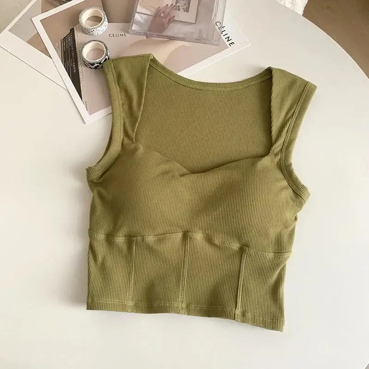 Corduroy square neck crop top for chic comfort and style - green / one size