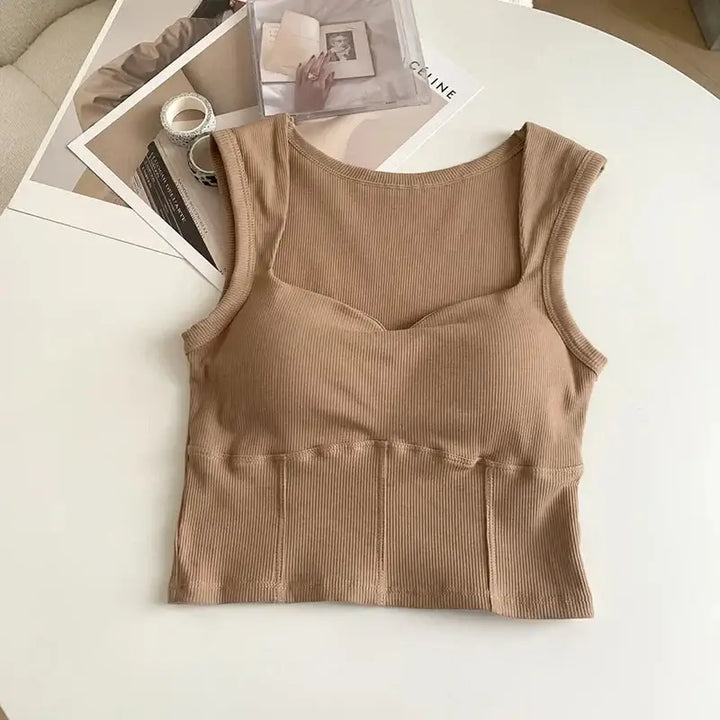 Corduroy square neck crop top for chic comfort and style - light brown / one size