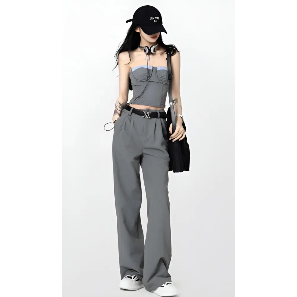 Corset top and wide leg pants set for stylish outfits - gray / xs - two piece sets