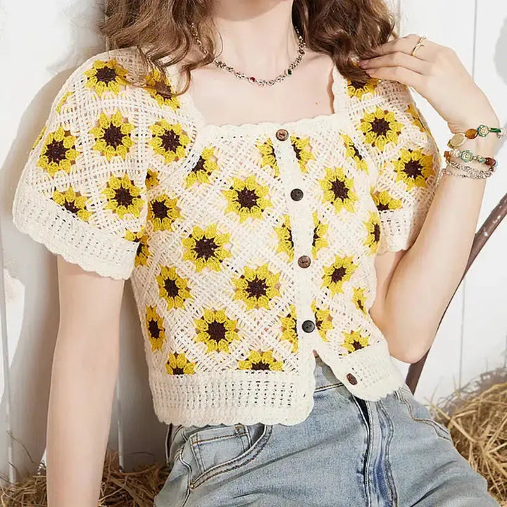 Cottagecore floral crochet cardigan - yellow / one size