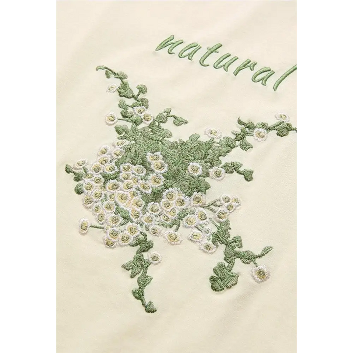Cottagecore natural tee with floral embroidery in soft cotton blend
