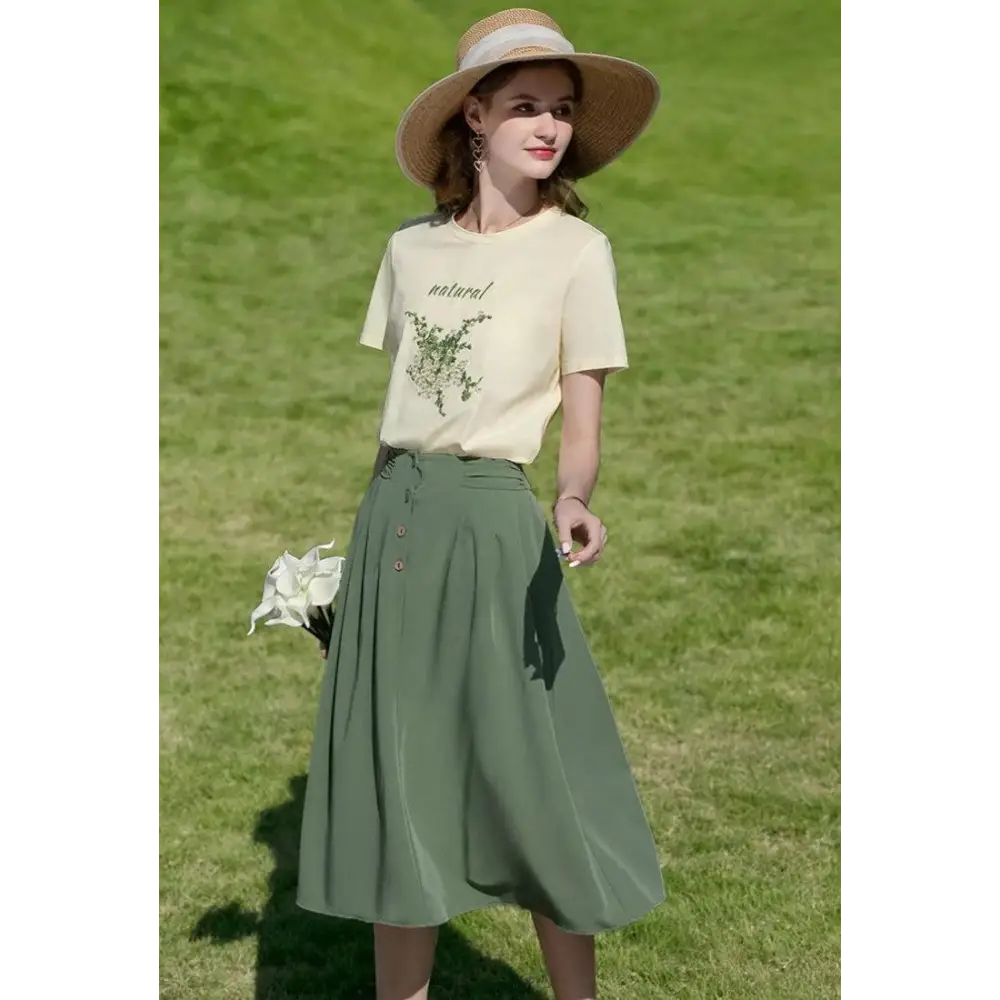 Cottagecore natural tee with floral embroidery in soft cotton blend