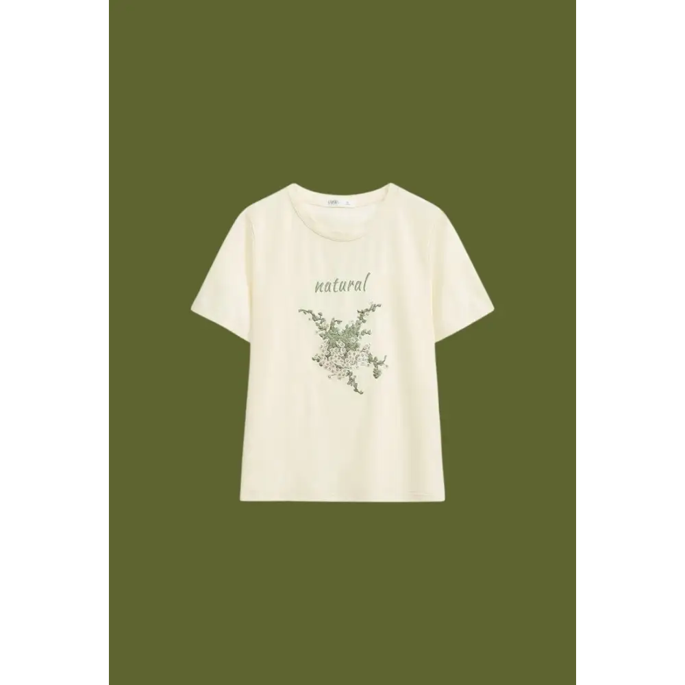 Cottagecore natural tee with floral embroidery in soft cotton blend