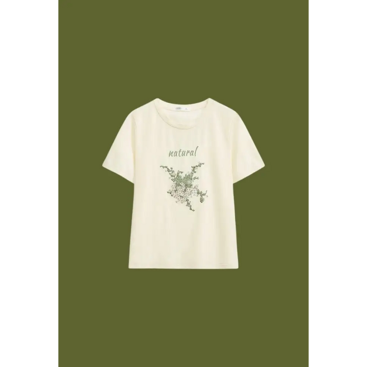 Cottagecore natural tee with floral embroidery in soft cotton blend
