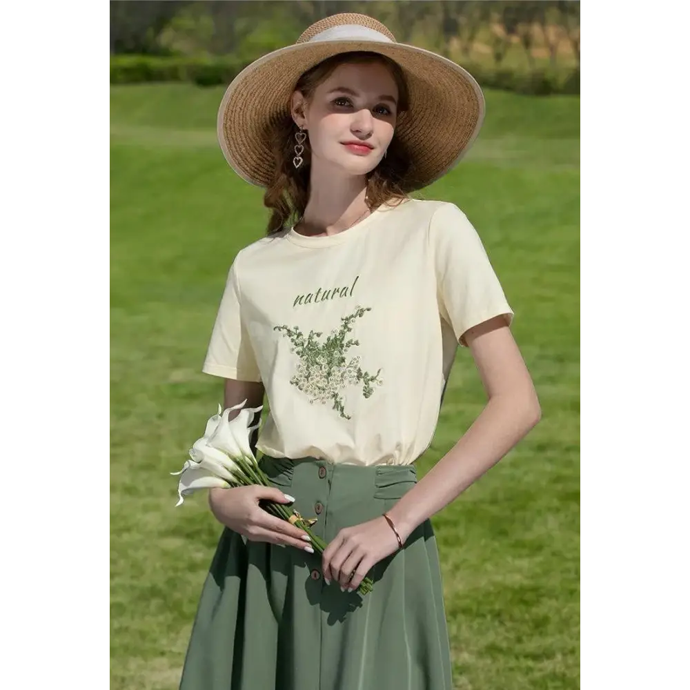 Cottagecore natural tee with floral embroidery in soft cotton blend
