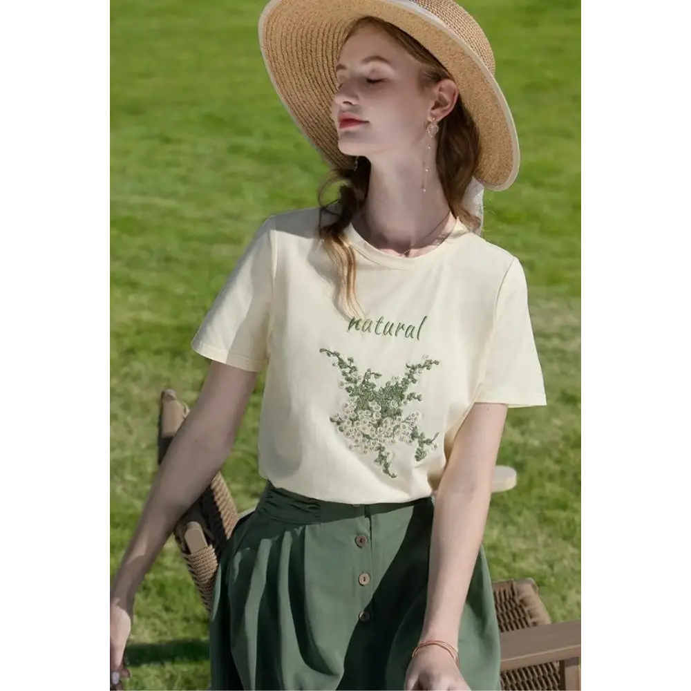 Cottagecore natural tee with floral embroidery in soft cotton blend - beige / m