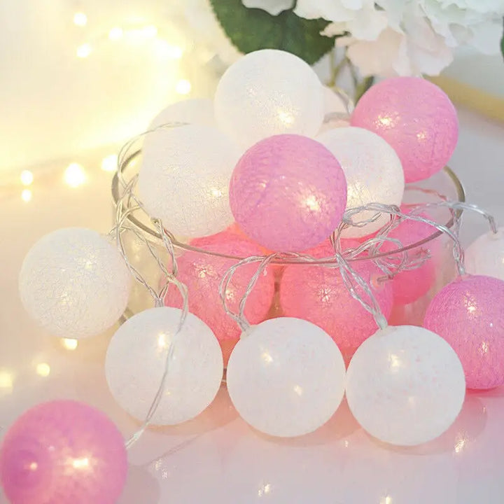 Aesthetic cotton ball string lights for room ambiance - pink / battery