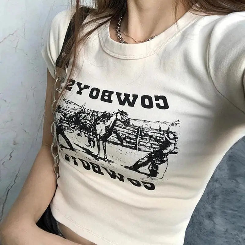 Vintage cowboy scene cropped tee for y2k streetwear style - crop top