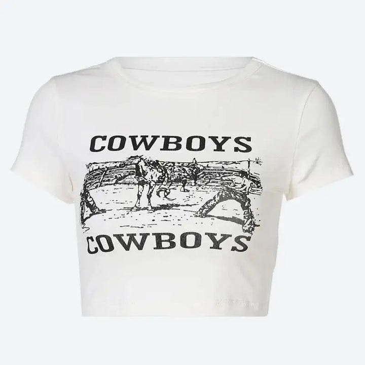 Vintage cowboy scene cropped tee for y2k streetwear style - crop top