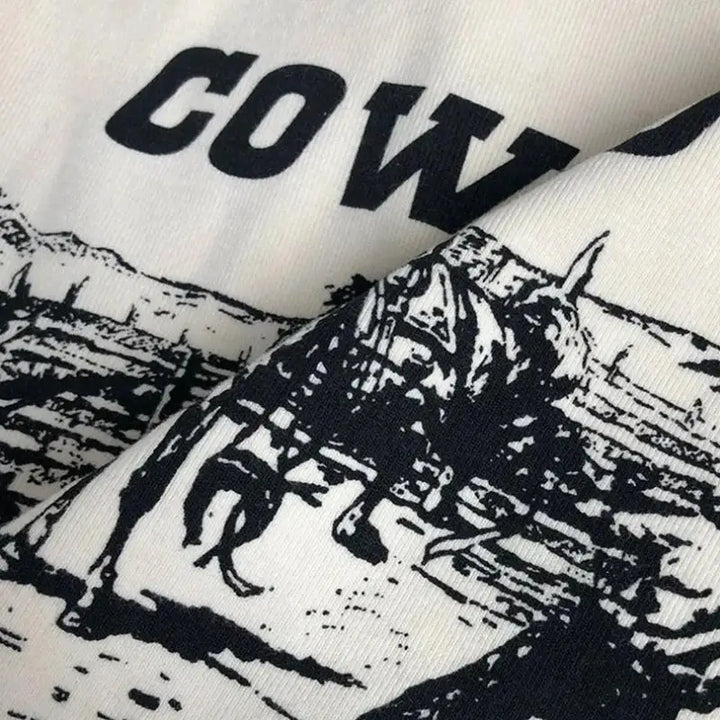 Vintage cowboy scene cropped tee for y2k streetwear style - crop top