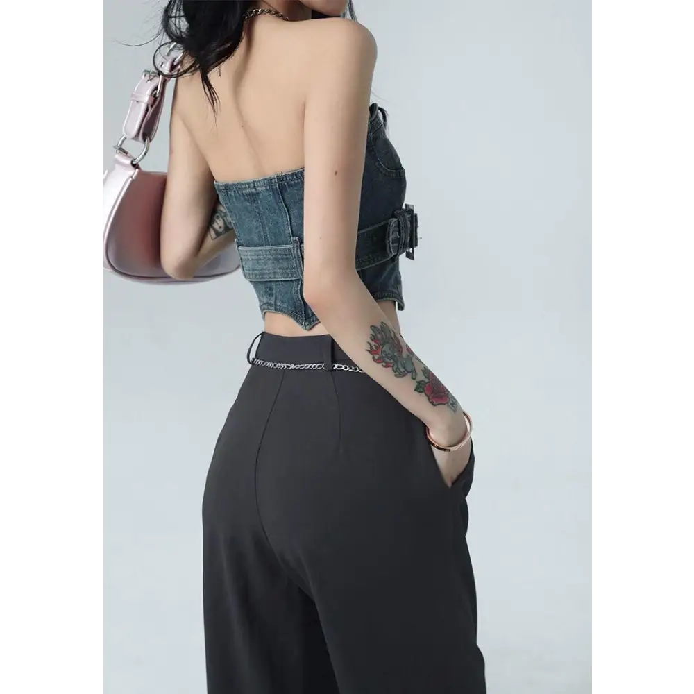 Cowgirl crop denim tube top in dark wash