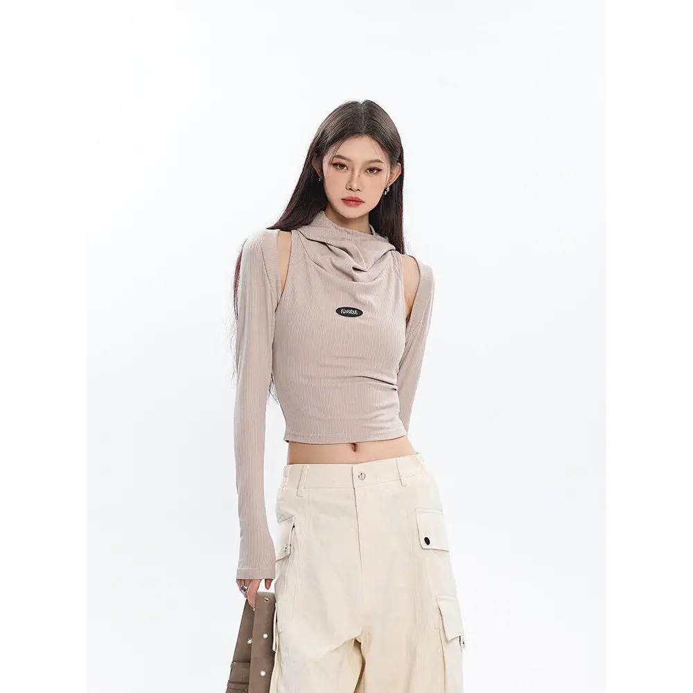 Beige and black y2k cowl collar crop top with cut-outs