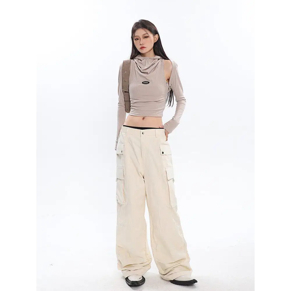 Beige and black y2k cowl collar crop top with cut-outs