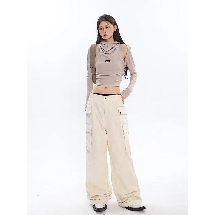 Beige and black y2k cowl collar crop top with cut-outs