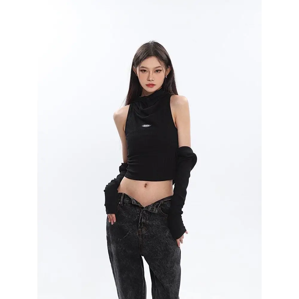 Beige and black y2k cowl collar crop top with cut-outs