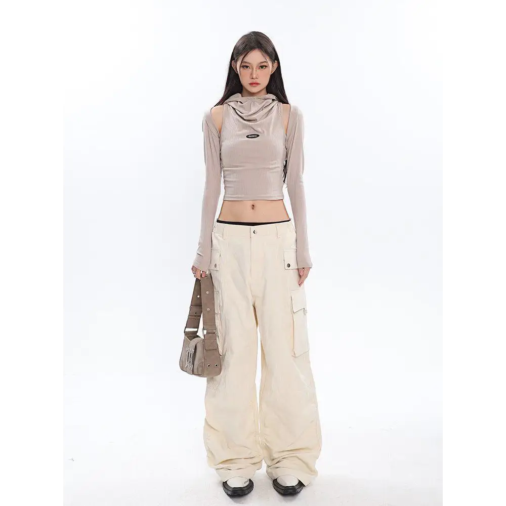 Beige and black y2k cowl collar crop top with cut-outs