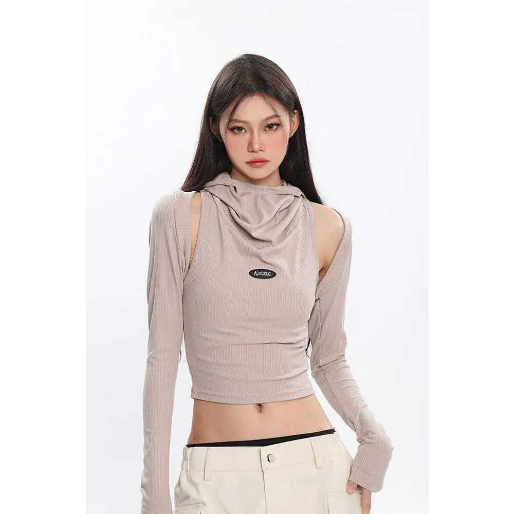 Beige and black y2k cowl collar crop top with cut-outs - s