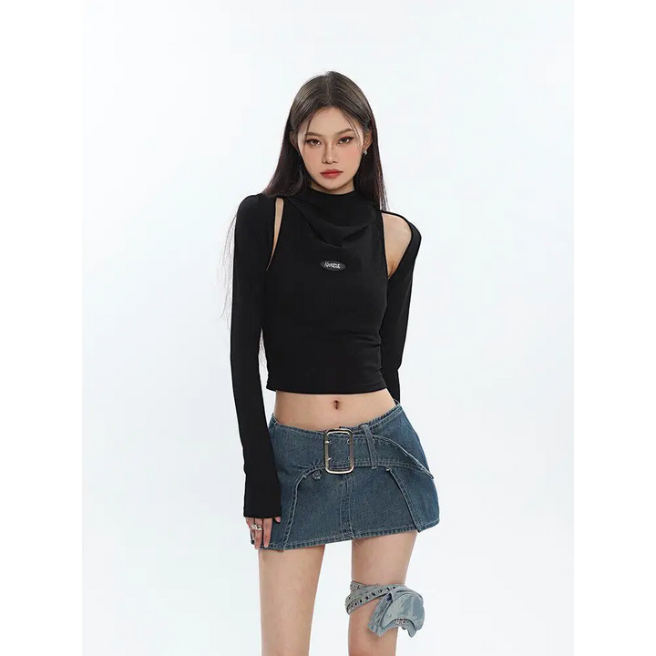 Beige and black y2k cowl collar crop top with cut-outs - s