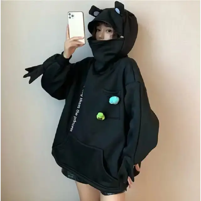 Cozy frog zipper hoodie with fleece lining and playful embroidery - black / xl