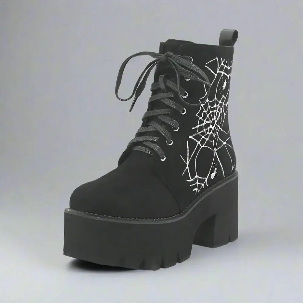 Creepy-cute spider web embroidered goth platform boots for women - black / us4.5