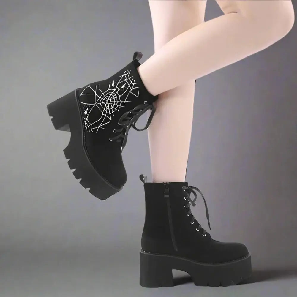 Creepy-cute spider web embroidered goth platform boots for women