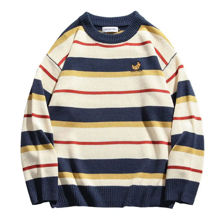 Y2k striped knit sweater with croissant embroidery - free size / beige