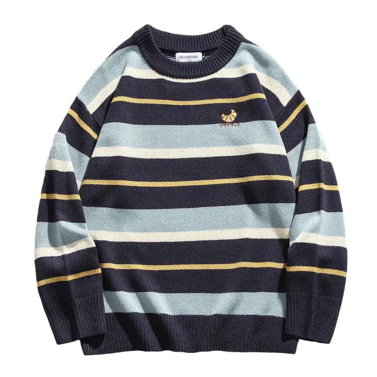 Y2k striped knit sweater with croissant embroidery - free size / blue