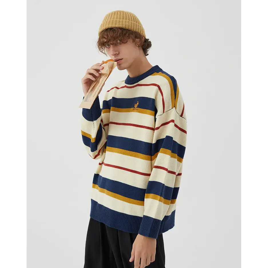 Y2k striped knit sweater with croissant embroidery