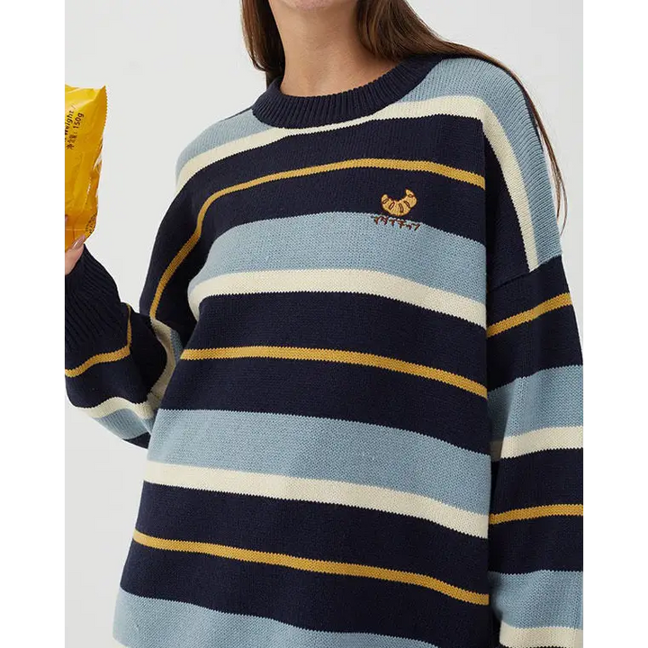 Y2k striped knit sweater with croissant embroidery