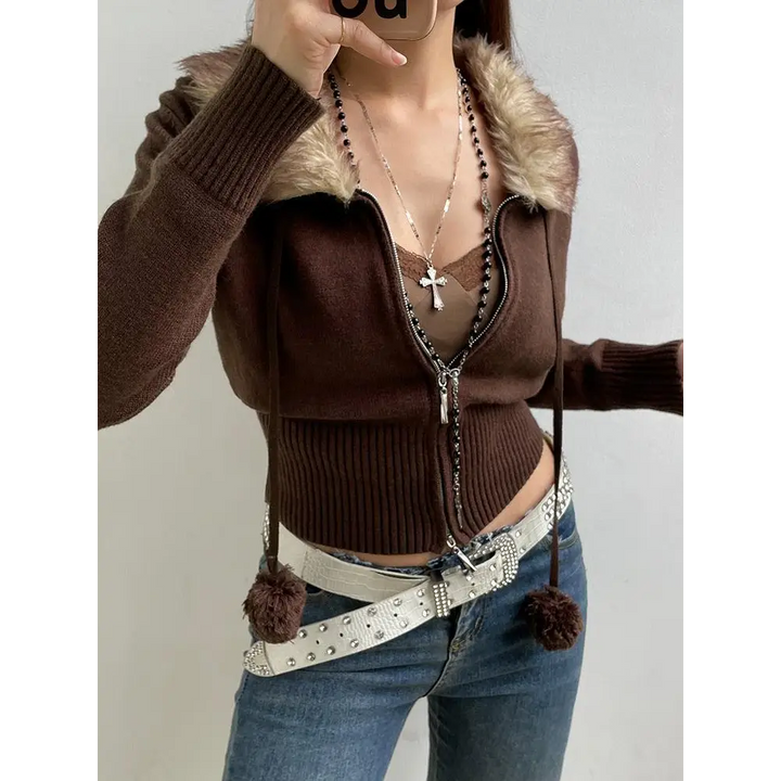 Cropped design zip-up cardigan with faux-fur collar and elasticated sleeves