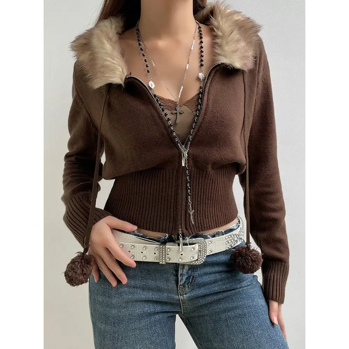 Cropped design zip-up cardigan with faux-fur collar and elasticated sleeves - brown / s