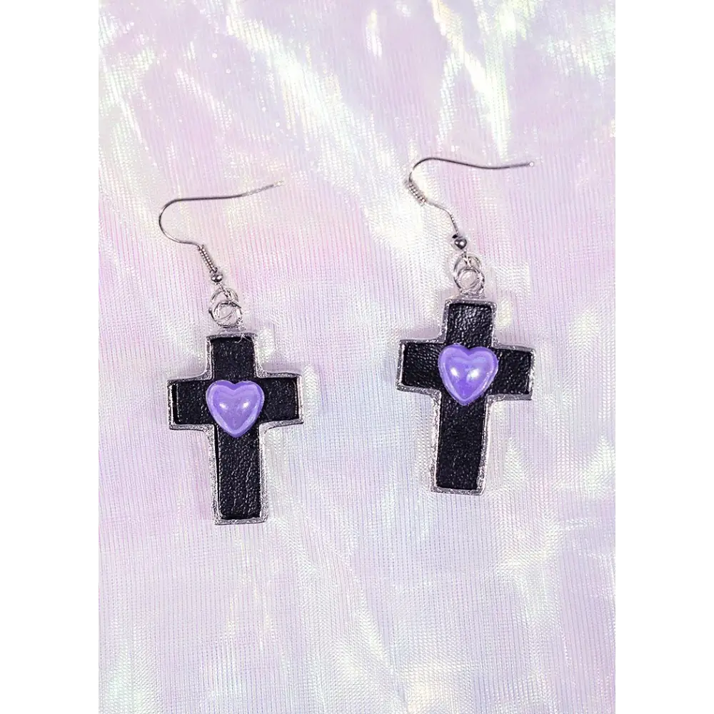 Pastel goth heart earrings with kawaii gem in y2k style - black - earrings