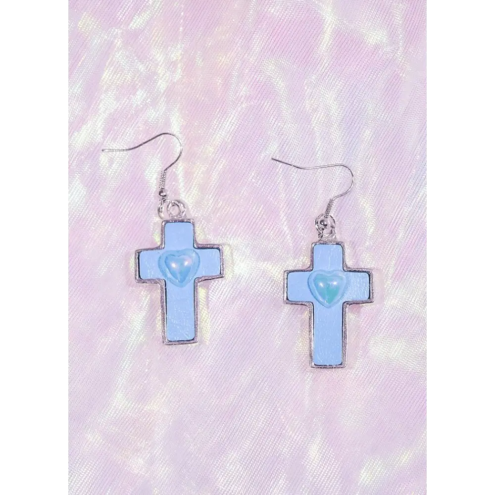 Pastel goth heart earrings with kawaii gem in y2k style - blue - earrings