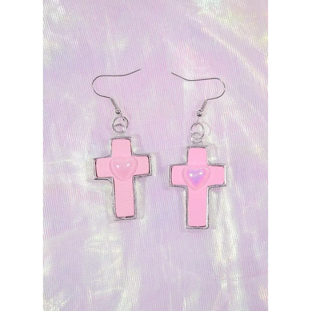 Pastel goth heart earrings with kawaii gem in y2k style - pink - earrings