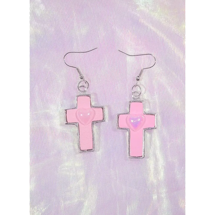 Pastel goth heart earrings with kawaii gem in y2k style - pink - earrings