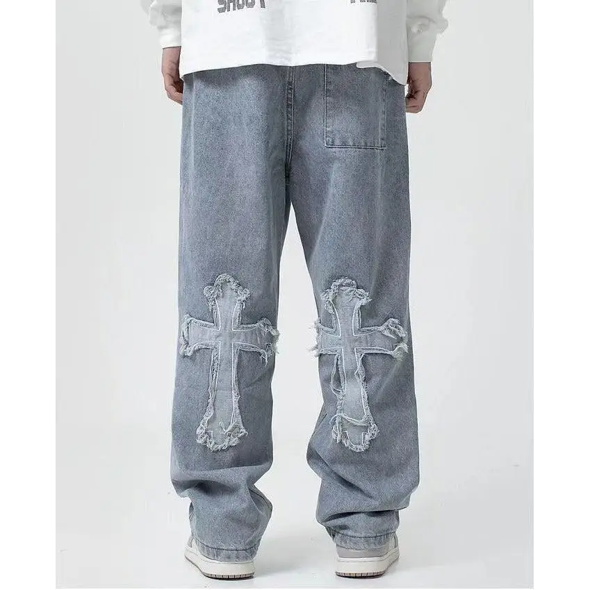 Cross patchwork baggy jeans