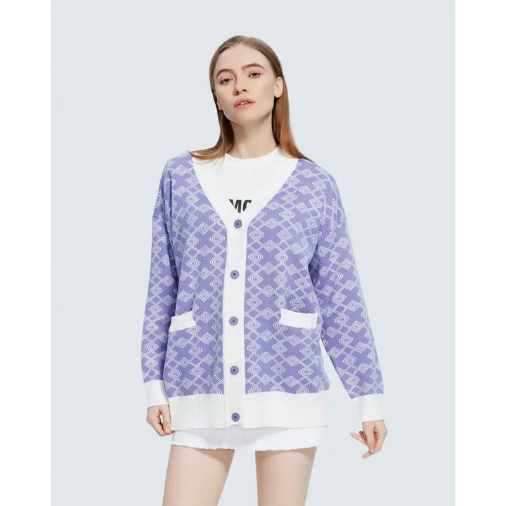 Soft pastel cardigan with twin pockets and cross pattern design - purple / s