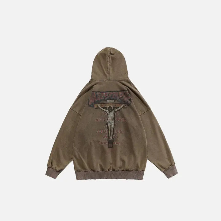 Crucifix washed hoodie y2k - khaki / m - hoodies