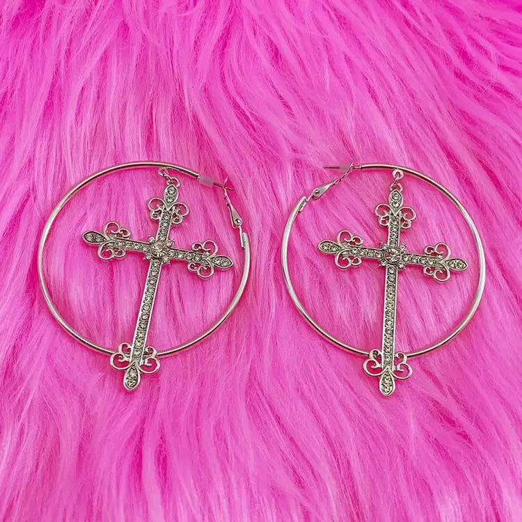 Crystal cross hoop earrings for y2k aesthetic flair - earrings