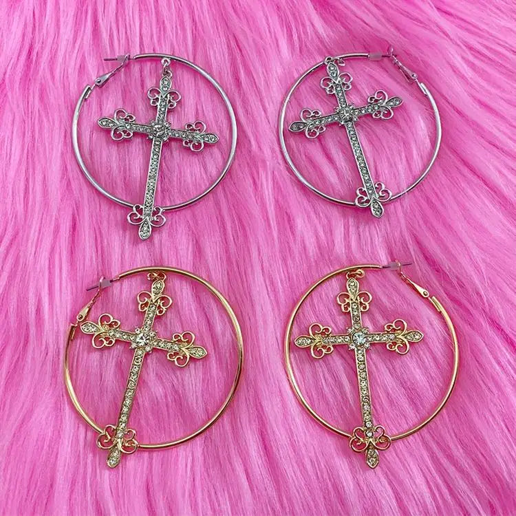 Crystal cross hoop earrings for y2k aesthetic flair - earrings