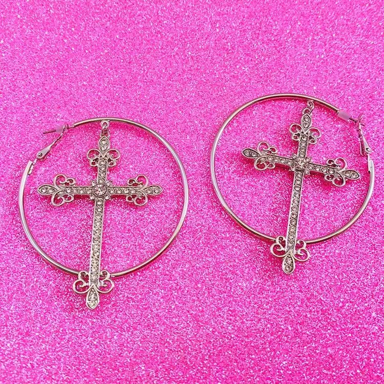 Crystal cross hoop earrings for y2k aesthetic flair - earrings