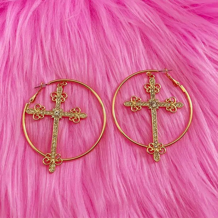 Crystal cross hoop earrings for y2k aesthetic flair - standart / gold - earrings